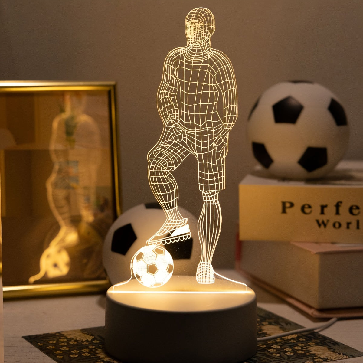 3D Football Player LED Table Lamp, USB Powered Acrylic Sports-Themed Uplight for Living Room, Bedroom Bedside Decor, No Battery Required