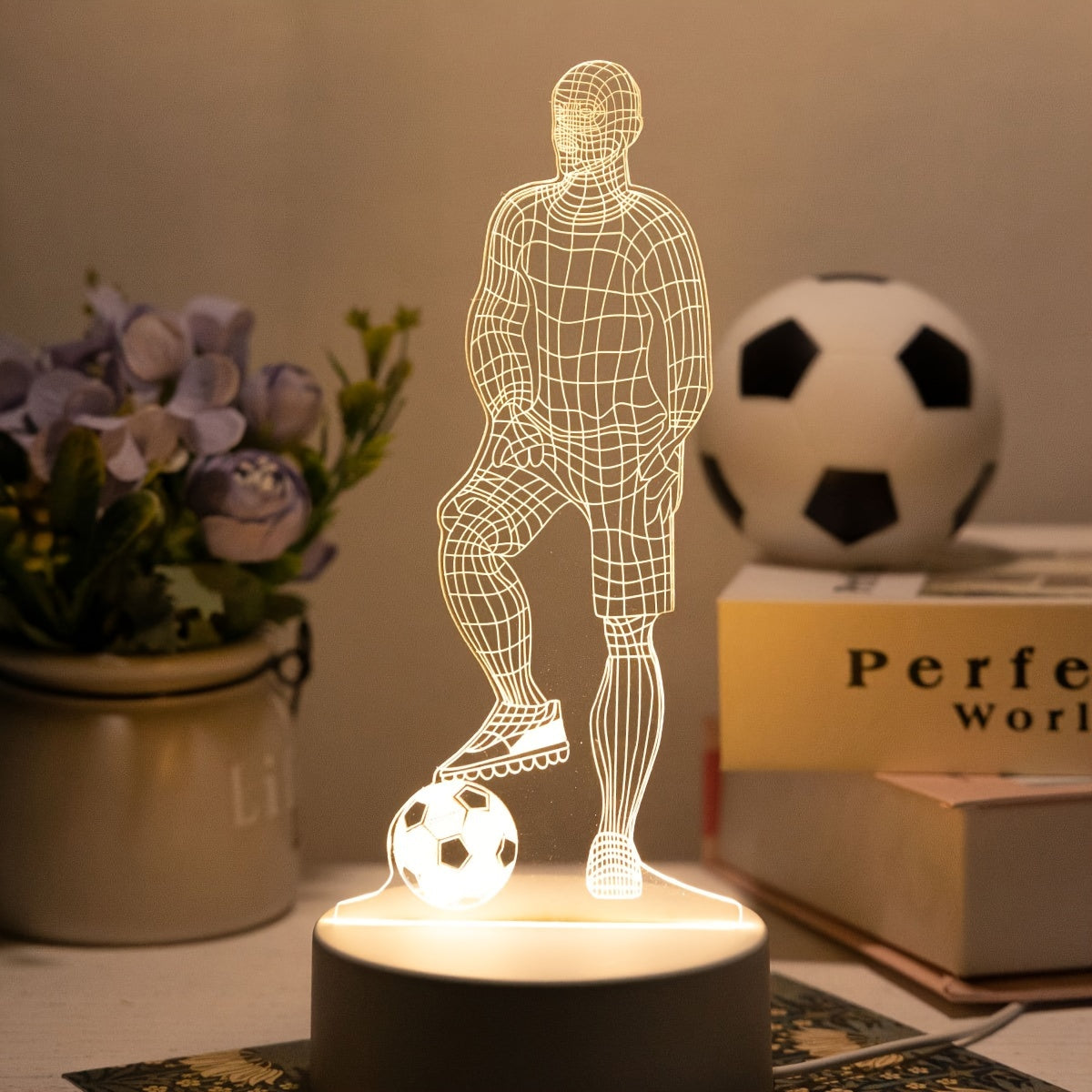 3D Football Player LED Table Lamp, USB Powered Acrylic Sports-Themed Uplight for Living Room, Bedroom Bedside Decor, No Battery Required